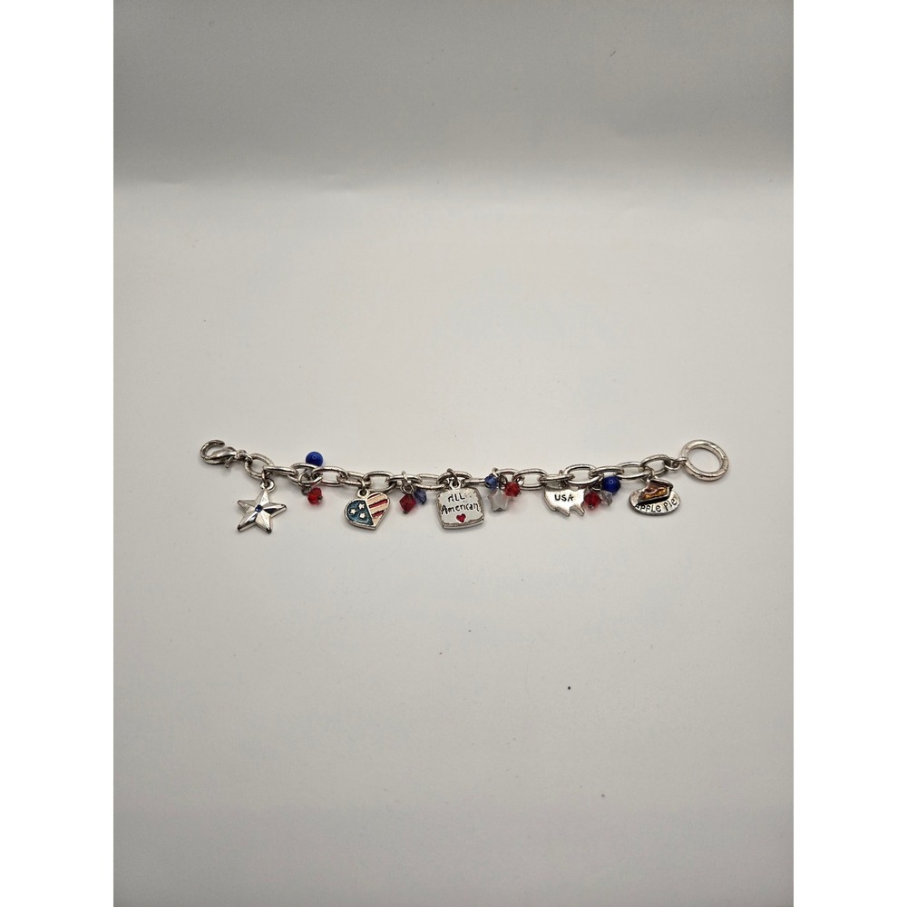 Patriotic Americana Charm Bracelet Silver Tone Red White Blue USA Apple Pie Star